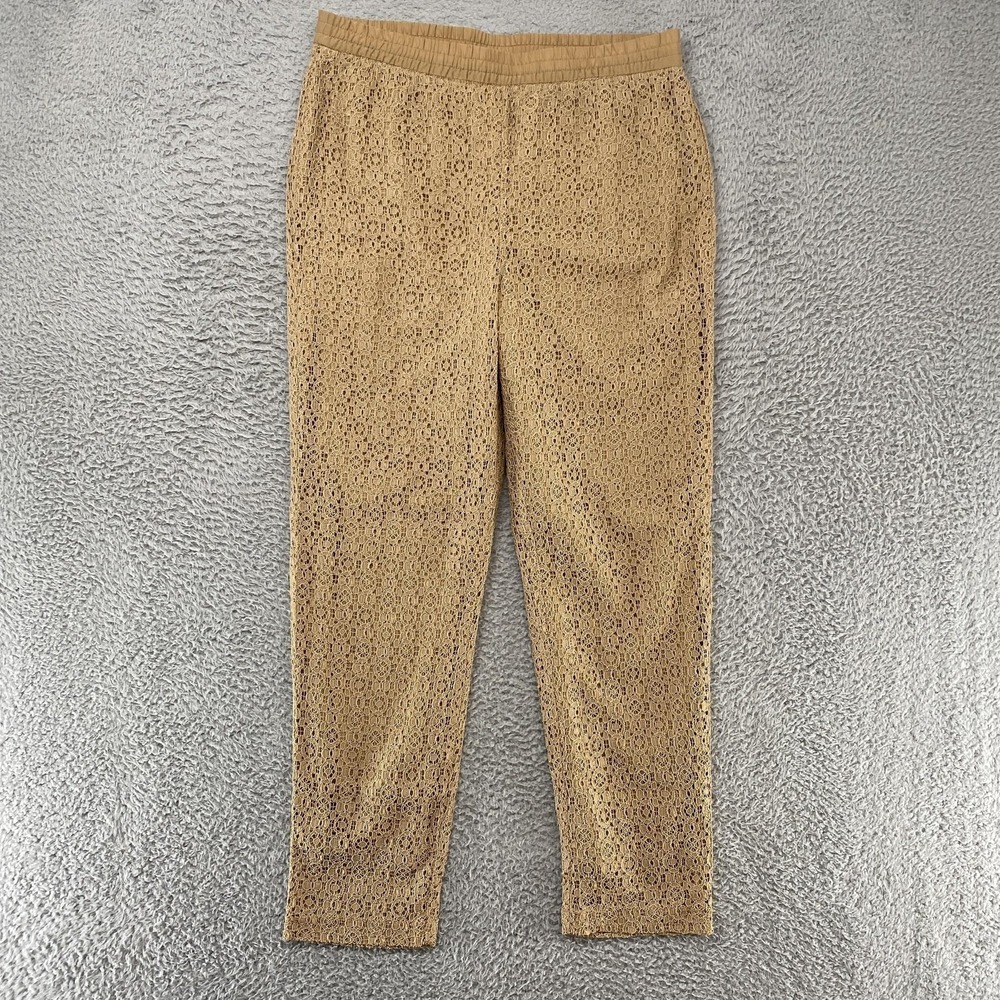 Chicos Lace Pants Womens 1/Medium Beige Ankle Pull On Lined Floral Resort